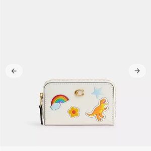 Coach Kids White Leather Zip Card Case with Rainbow & Dino Patches